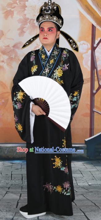 Chinese Beijing Opera Niche Costume Black Embroidered Robe, China Peking Opera Scholar Embroidery Chrysanthemum Clothing