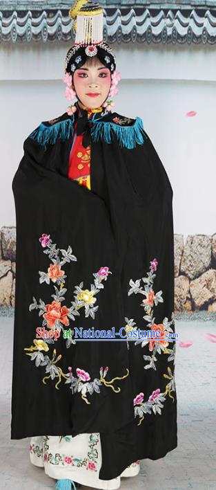 Chinese Beijing Opera Diva Imperial Empress Costume Black Embroidered Cloak, China Peking Opera Actress Embroidery Mantle Clothing