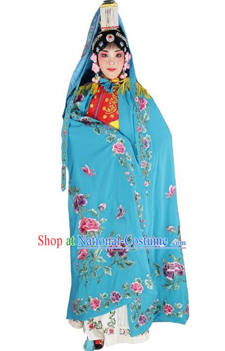 Chinese Beijing Opera Diva Imperial Empress Costume Embroidered Blue Cloak, China Peking Opera Actress Embroidery Mantle Clothing