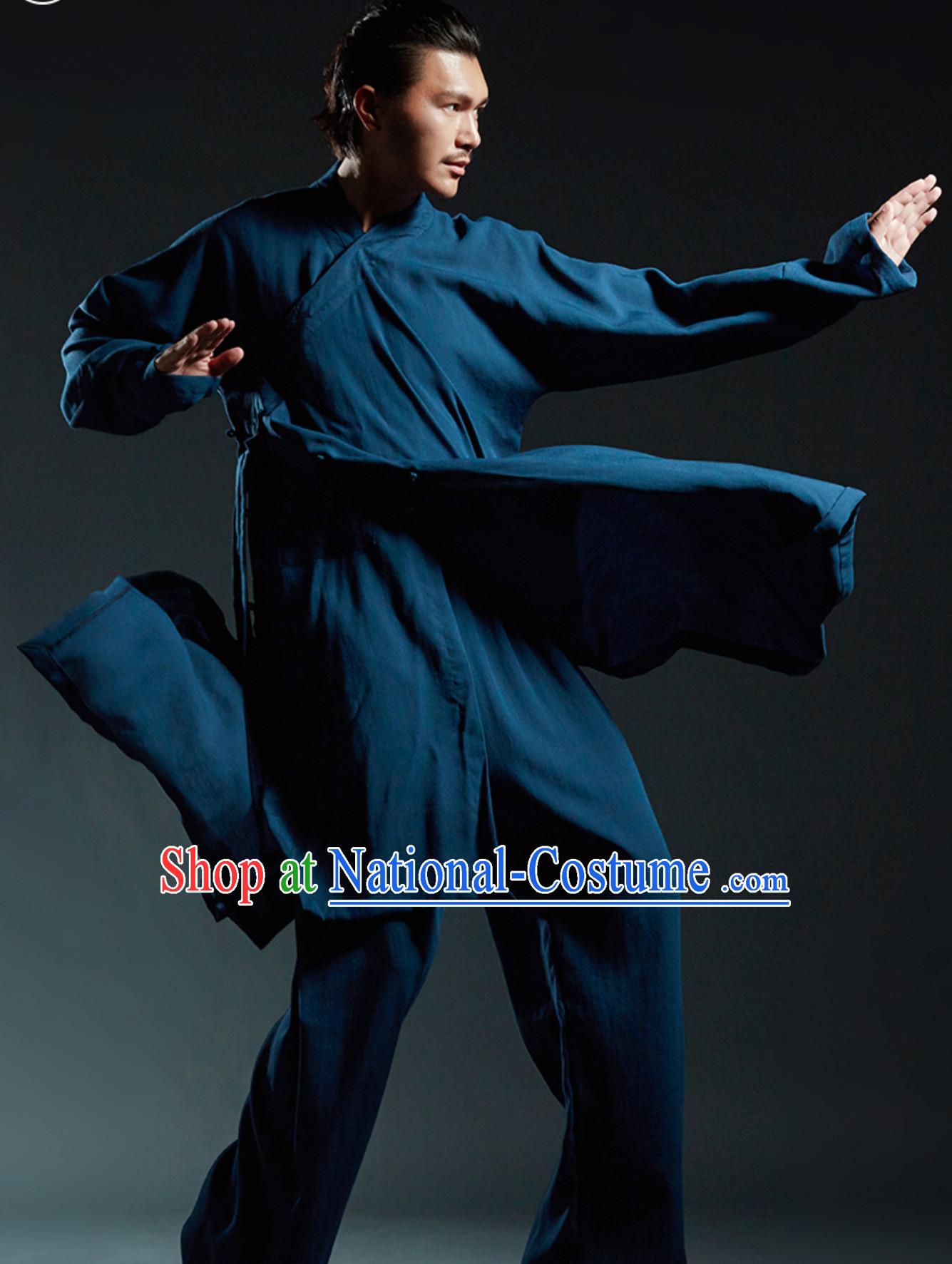 Deep Blue Chinese Classical Tai Chi Wushu Martial Arts Uniform Clothing Complete Set for Men Women Kids