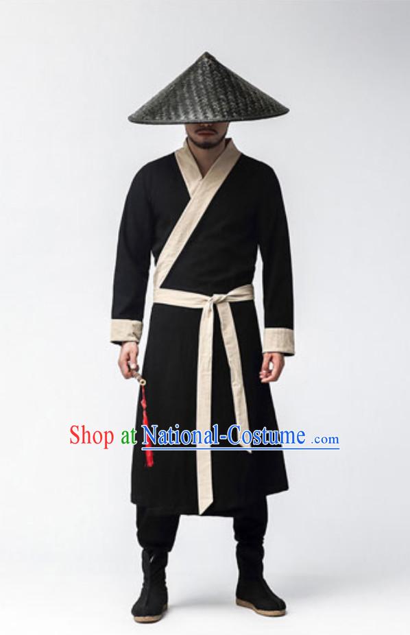 Ancient Chinese Fighter Costumes and Black Hat Complete Set