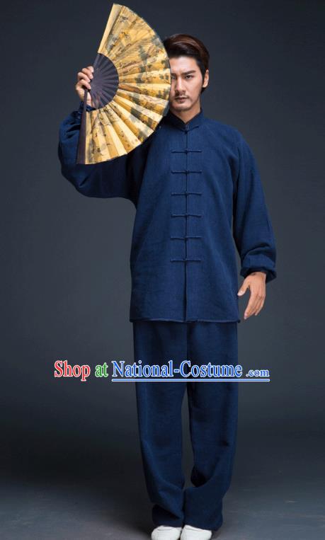 Top Grade Chinese Kung Fu Costume, China Martial Arts Tai Ji Training Navy Uniform Gongfu Wushu Clothing for Men