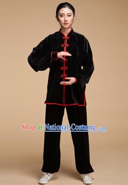 Top Grade Chinese Kung Fu Black Velvet Costume China Martial Arts Training Uniform Tai Ji Wushu Clothing for Women