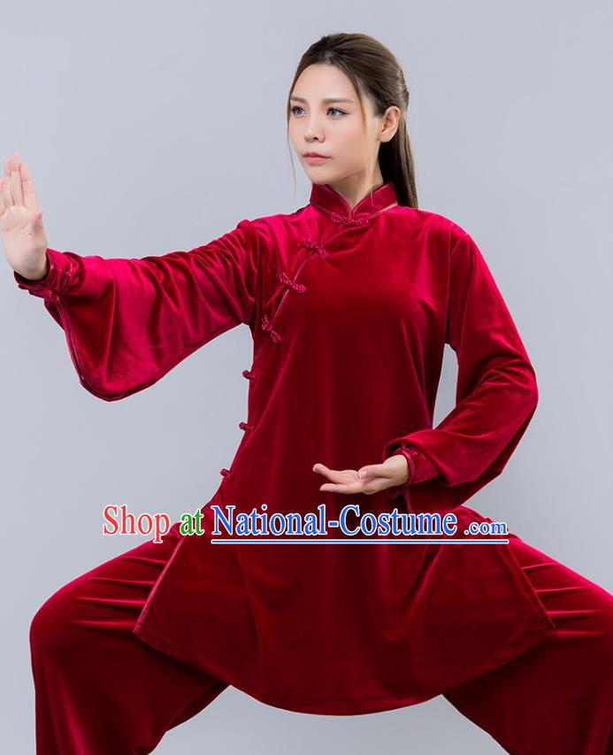 Top Grade Chinese Kung Fu Red Velvet Costume China Martial Arts Training Uniform Tai Ji Wushu Clothing for Women