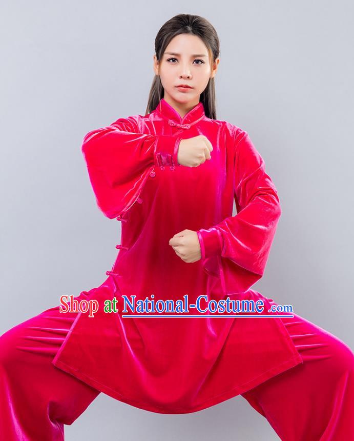 Top Grade Chinese Kung Fu Pink Velvet Costume China Martial Arts Training Uniform Tai Ji Wushu Clothing for Women