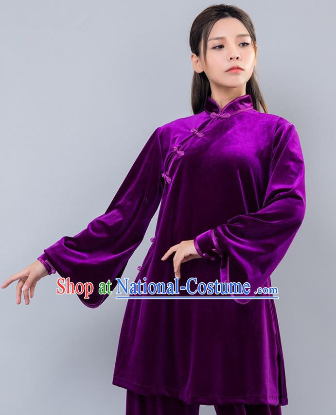 Top Grade Chinese Kung Fu Purple Velvet Costume China Martial Arts Training Uniform Tai Ji Wushu Clothing for Women