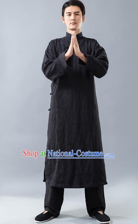 Top Grade Chinese Kung Fu Costume, China Martial Arts Tai Ji Training Uniform Gongfu Black Long Robe for Men