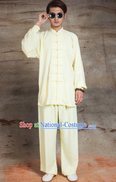 Top Grade Chinese Kung Fu Yellow Linen Costume, China Martial Arts Tai Ji Training Uniform Gongfu Clothing for Men