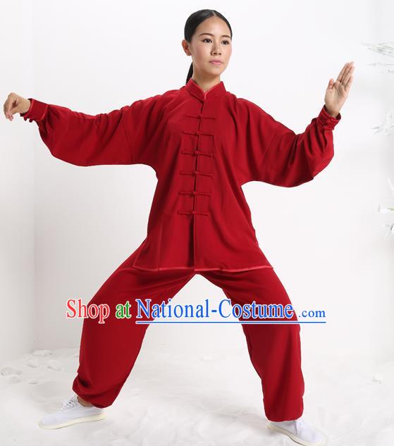 Top Grade Chinese Kung Fu Plated Buttons Costume, China Martial Arts Red Uniform Tai Ji Wushu Clothing for Women