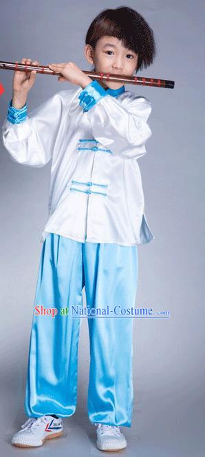 Top Grade Chinese Kung Fu Costume Tai Ji Training Uniform, China Martial Arts Gongfu Blue Clothing for Kids