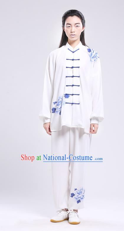 Top Grade Chinese Kung Fu Costume Martial Arts Printing Peony Uniform, China Tai Ji Wushu Plated Buttons Clothing for Women