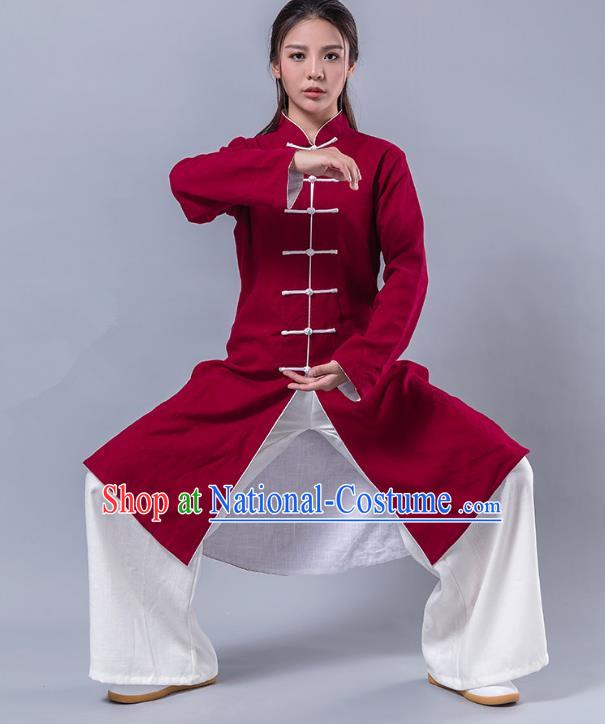 Top Grade Chinese Kung Fu Costume Martial Arts Uniform, China Tai Ji Wushu Plated Buttons Red Robe Clothing for Women