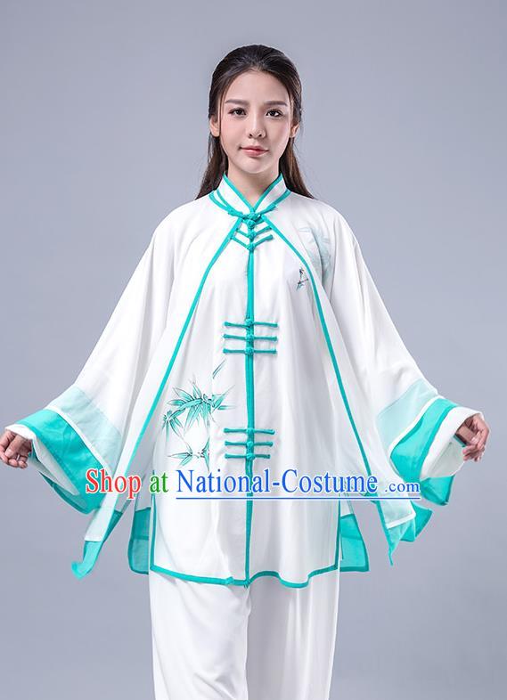 Top Grade Chinese Kung Fu Costume Martial Arts Printing Bamboo Green Uniform, China Tai Ji Wushu Plated Buttons Clothing for Women