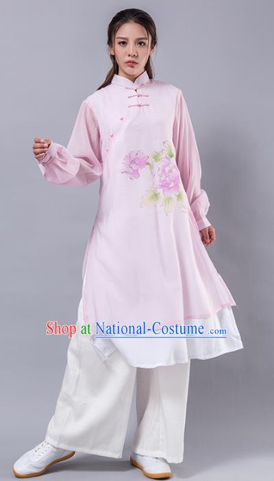 Top Grade Chinese Kung Fu Costume Martial Arts Printing Peony Pink Uniform, China Tai Ji Wushu Plated Buttons Clothing for Women