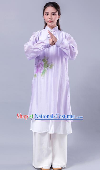 Top Grade Chinese Kung Fu Costume Martial Arts Printing Peony Purple Uniform, China Tai Ji Wushu Plated Buttons Clothing for Women