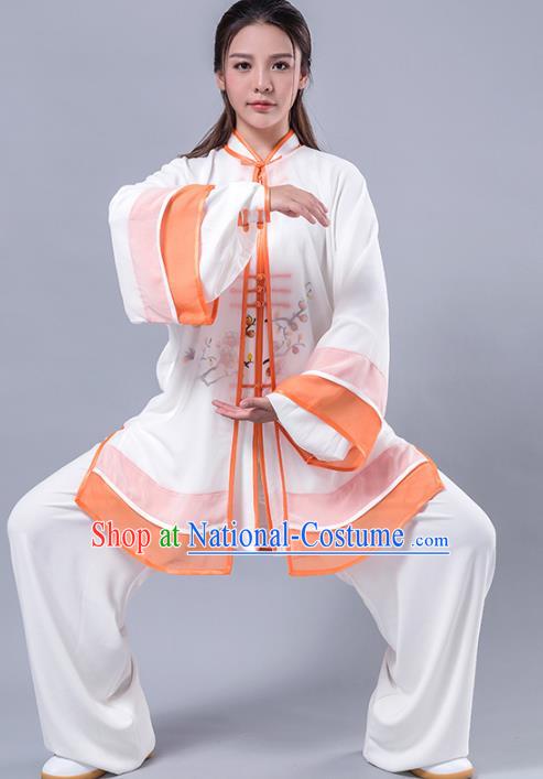 Top Grade Chinese Kung Fu Costume Martial Arts Printing Wintersweet Orange Uniform, China Tai Ji Wushu Plated Buttons Clothing for Women