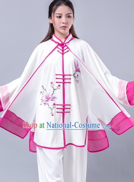 Top Grade Chinese Kung Fu Costume Martial Arts Printing Magnolia Rosy Uniform, China Tai Ji Wushu Plated Buttons Clothing for Women