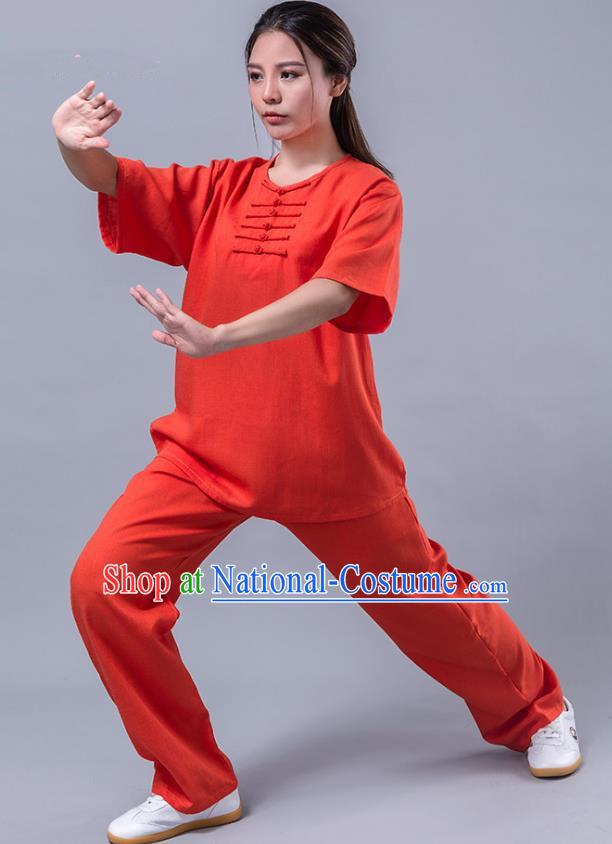 Top Grade Chinese Kung Fu Costume Martial Arts Red Uniform, China Tai Ji Wushu Plated Buttons Clothing for Women