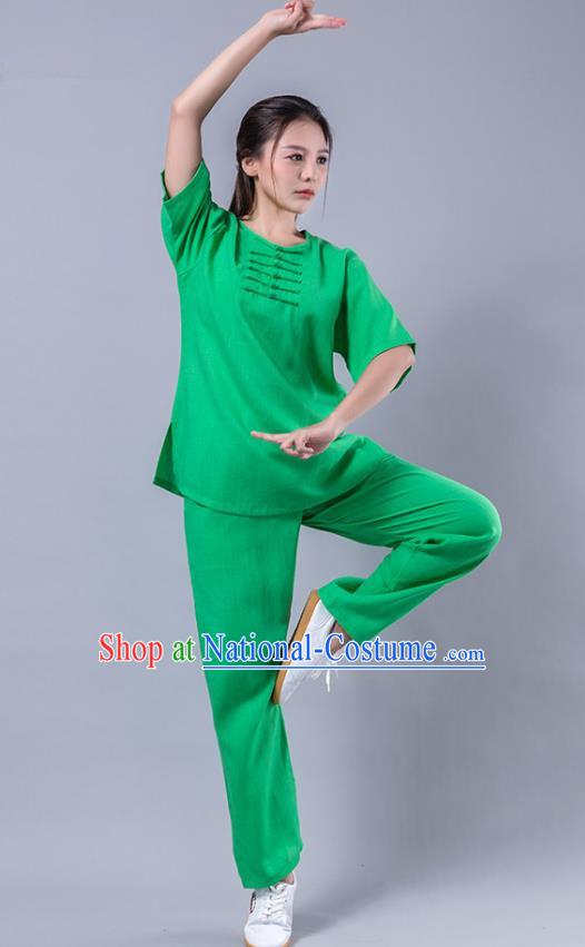 Top Grade Chinese Kung Fu Costume Martial Arts Green Uniform, China Tai Ji Wushu Plated Buttons Clothing for Women