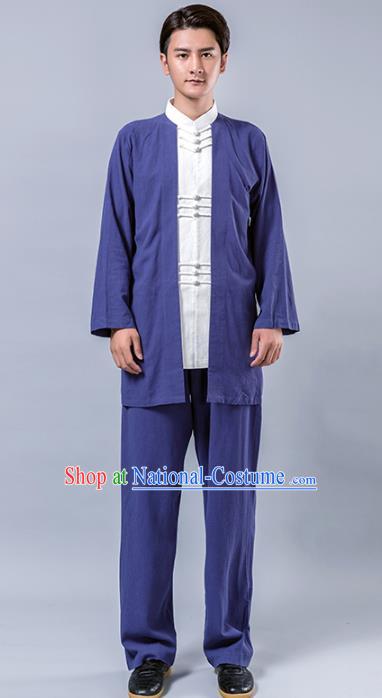 Top Grade Chinese Kung Fu Costume Tai Ji Training Blue Linen Uniform, China Martial Arts Tang Suit Gongfu Clothing for Men