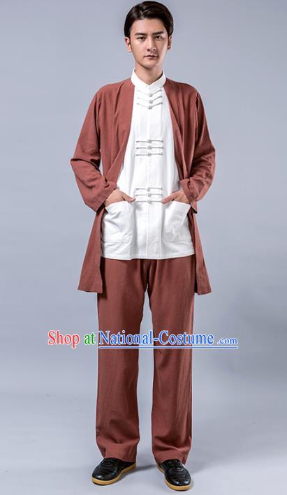 Top Grade Chinese Kung Fu Costume Tai Ji Training Brown Linen Uniform, China Martial Arts Tang Suit Gongfu Clothing for Men