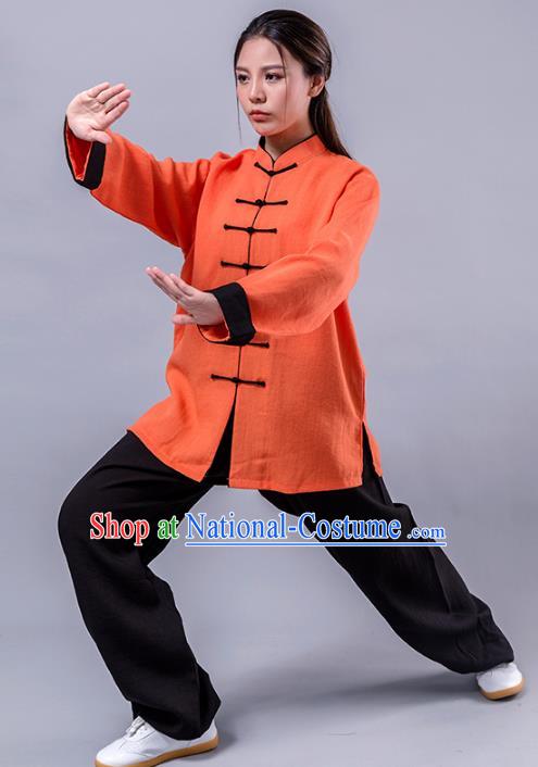 Top Grade Chinese Kung Fu Costume Martial Arts Orange Uniform, China Tai Ji Wushu Plated Buttons Clothing for Women