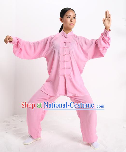 Top Grade Chinese Kung Fu Plated Buttons Pink Costume, China Martial Arts Uniform Tai Ji Wushu Clothing for Women