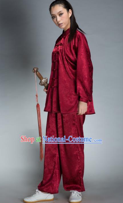 Top Grade Chinese Kung Fu Plated Buttons Wine Red Costume, China Martial Arts Uniform Tai Ji Wushu Clothing for Women