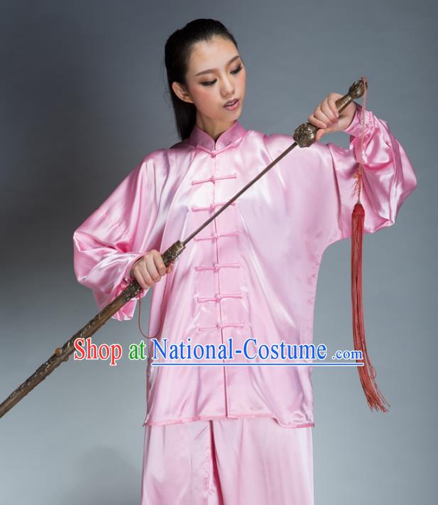 Top Grade Chinese Kung Fu Plated Buttons Pink Costume, China Martial Arts Uniform Tai Ji Wushu Clothing for Women