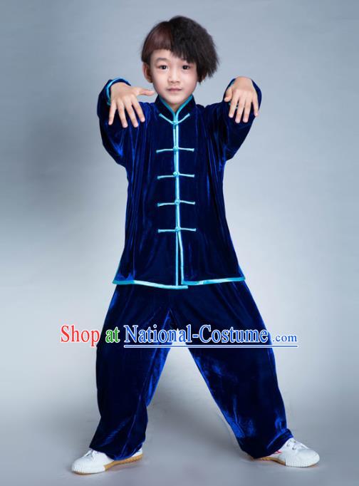 Top Grade Chinese Kung Fu Costume Tai Ji Training Uniform, China Martial Arts Gongfu Blue Velvet Clothing for Kids