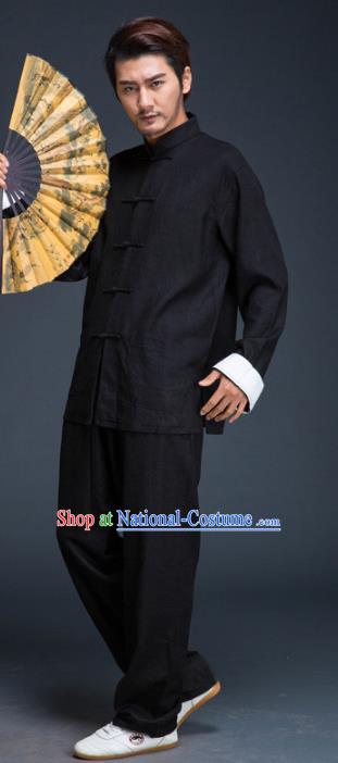 Top Grade Chinese Kung Fu Costume Tai Ji Training Black Uniform, China Martial Arts Gongfu Clothing for Men