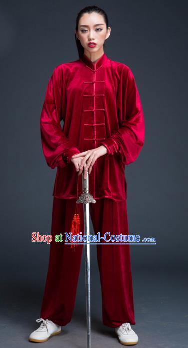 Top Grade Chinese Kung Fu Plated Buttons Costume Red Pleuche Martial Arts Uniform, China Tai Ji Wushu Clothing for Women