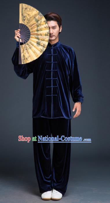 Top Grade Chinese Kung Fu Costume Tai Ji Training Blue Pleuche Uniform, China Martial Arts Gongfu Clothing for Men