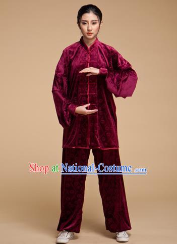 Top Grade Chinese Kung Fu Plated Buttons Costume Wine Red Pleuche Martial Arts Uniform, China Tai Ji Wushu Clothing for Women