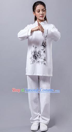 Top Grade Chinese Kung Fu Costume Martial Arts Hand Painting Peony Uniform, China Tai Ji Wushu Clothing for Women