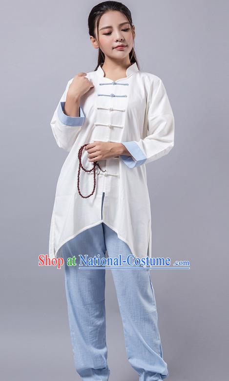 Top Grade Chinese Kung Fu Blue Costume Martial Arts Linen Uniform, China Tai Ji Wushu Clothing for Women