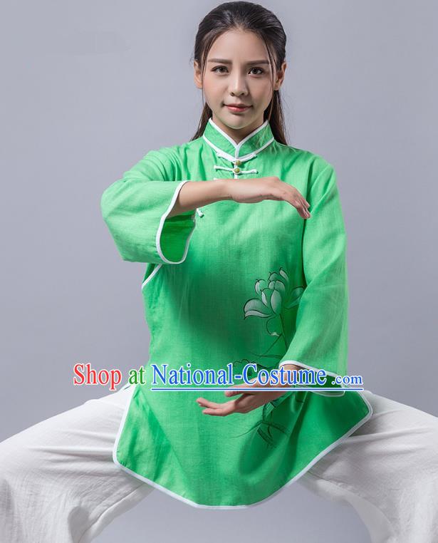 Top Grade Chinese Kung Fu Green Costume Martial Arts Printing Lotus Uniform, China Tai Ji Wushu Clothing for Women