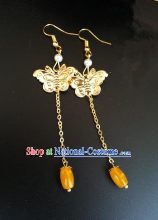 Traditional Chinese Handmade Classical Golden Butterfly Eardrop Ancient Palace Queen Hanfu Earrings for Women