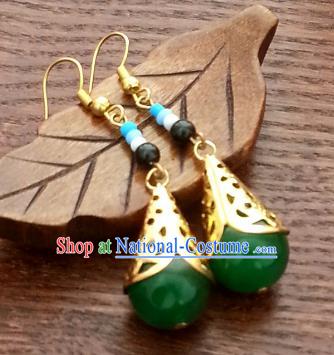 Traditional Chinese Handmade Classical Hanfu Eardrop Ancient Palace Queen Green Beads Earrings for Women