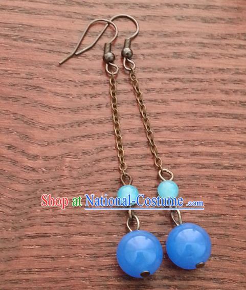 Traditional Chinese Handmade Classical Hanfu Blue Bead Eardrop Ancient Palace Princess Earrings for Women