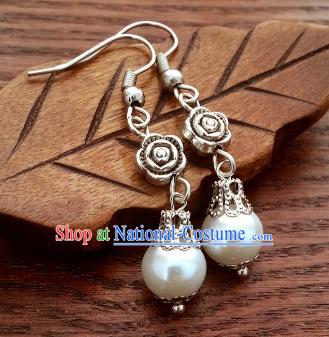 Traditional Chinese Handmade Classical Hanfu Rose Pearls Eardrop Ancient Palace Princess Earrings for Women