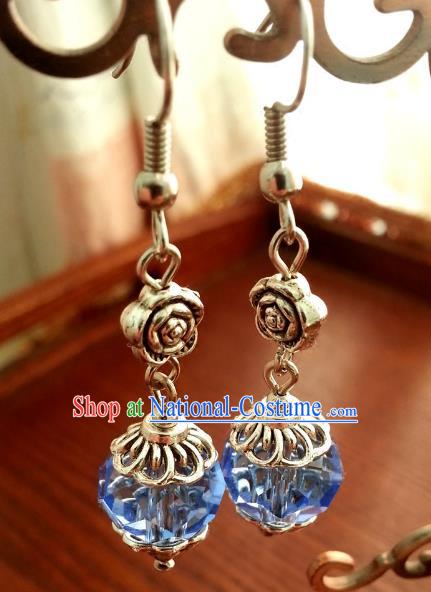 Asian Chinese Traditional Handmade Classical Hanfu Blue Eardrop Ancient Palace Princess Earrings for Women