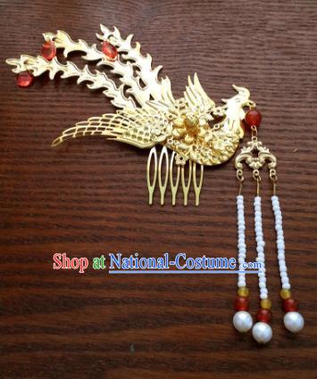 Traditional Handmade Chinese Classical Hair Accessories Ancient Princess Golden Phoenix Hairpins Hair Comb for Women