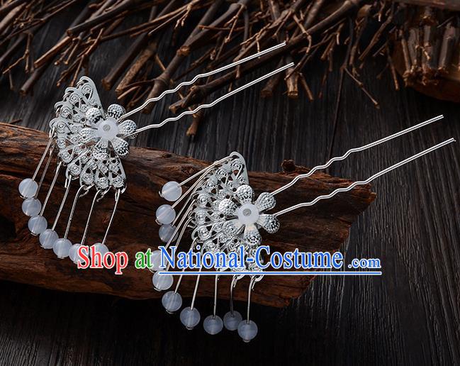 Handmade Asian Chinese Classical Hair Accessories Ancient White Beads Tassel Hairpins Headwear for Women