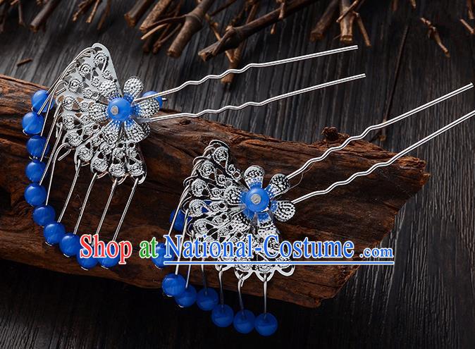 Handmade Asian Chinese Classical Hair Accessories Ancient Deep Blue Beads Tassel Hairpins Headwear for Women