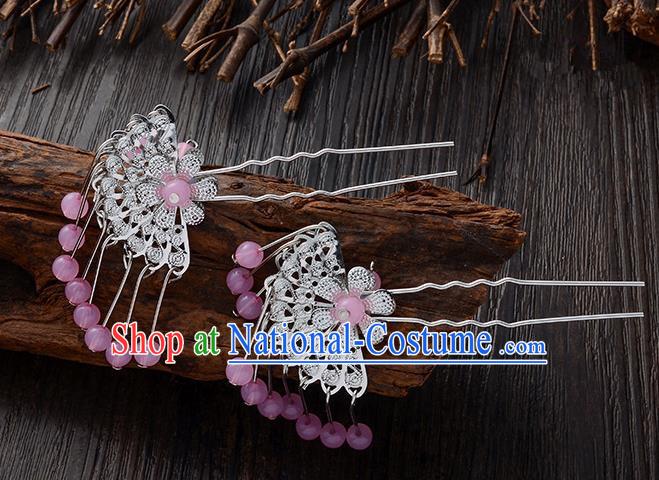 Handmade Asian Chinese Classical Hair Accessories Ancient Pink Beads Tassel Hairpins Headwear for Women