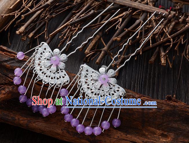 Handmade Asian Chinese Classical Hair Accessories Ancient Lilac Beads Tassel Hairpins Headwear for Women