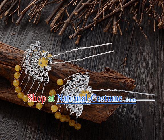 Handmade Asian Chinese Classical Hair Accessories Ancient Yellow Beads Tassel Hairpins Headwear for Women