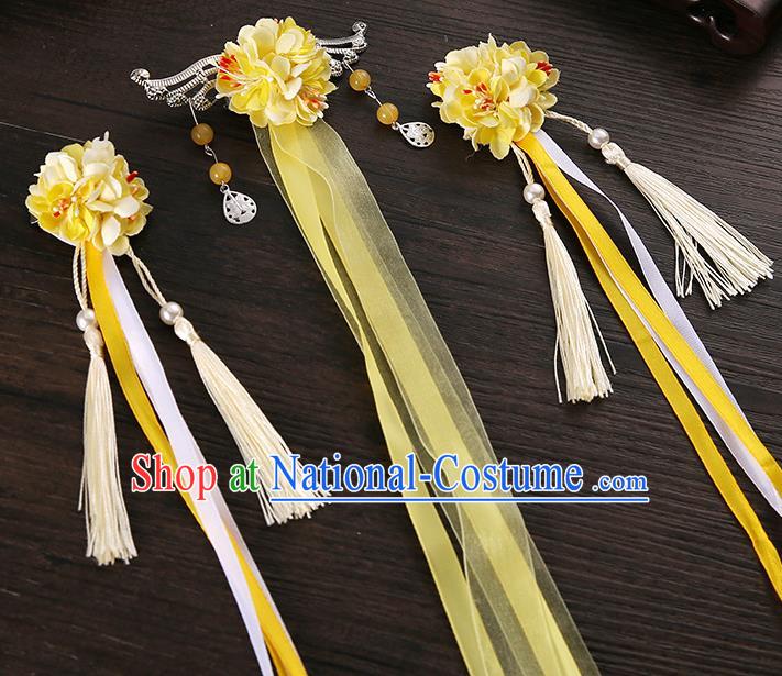 Handmade Asian Chinese Classical Hair Accessories Ancient Yellow Silk Flower Hairpins Headwear for Women