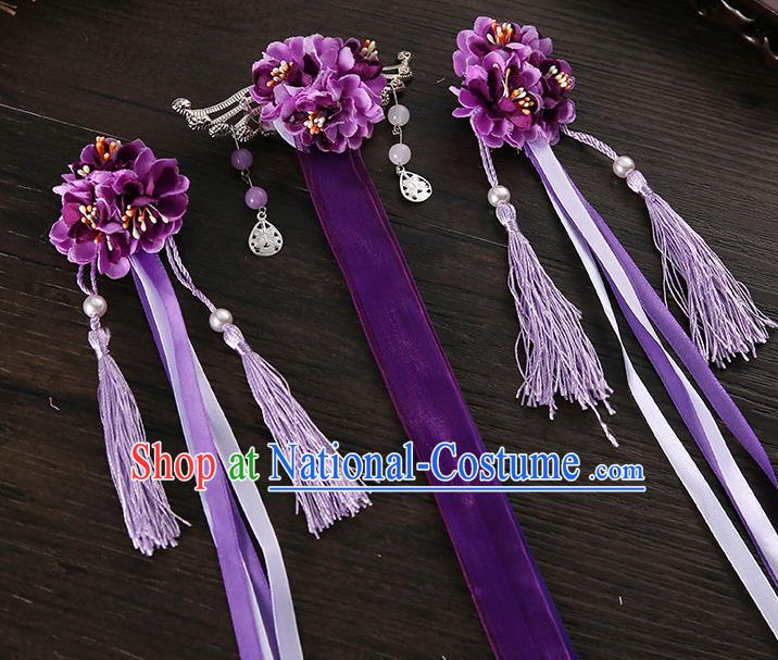 Handmade Asian Chinese Classical Hair Accessories Ancient Purple Silk Flower Hairpins Headwear for Women